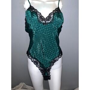 Vintage Delicates Emerald Green Polka Dot Lace Trim Satin Teddy Lingerie Large